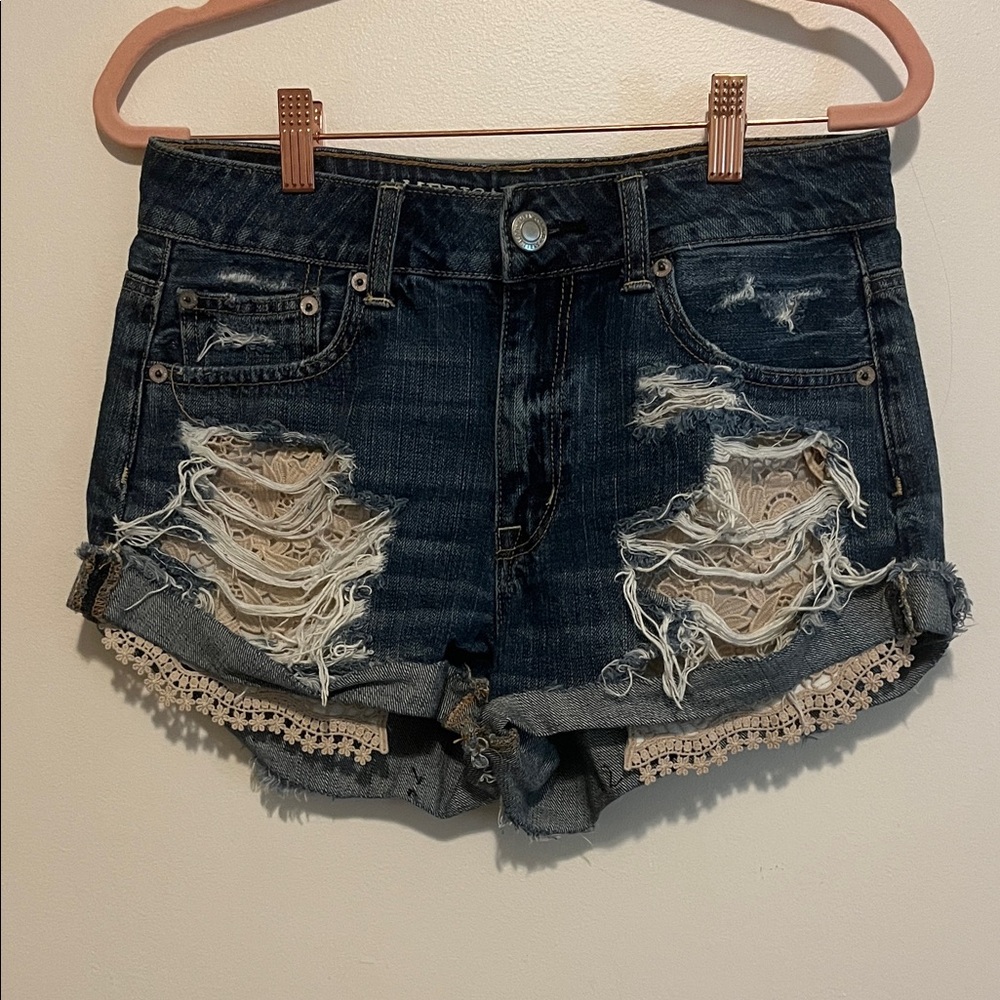 American Eagle Outfitters Dark Blue Distressed Jean Shorts